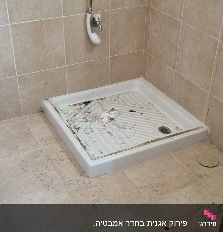 מקלחת עם צינור מים, ראש מקלחת ומגש מלוכלך